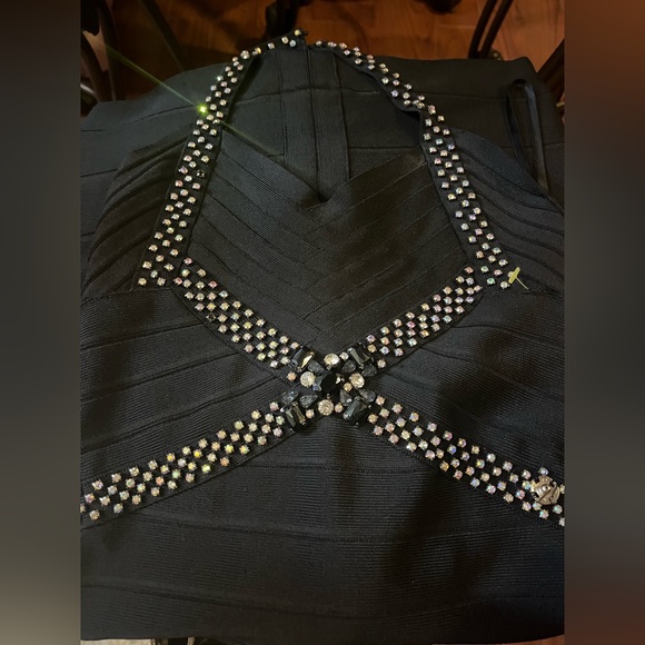 JOVANI Sz 0 Black Halter Semi Formal Bandage Dress with AB Rhinestones - Picture 11 of 13